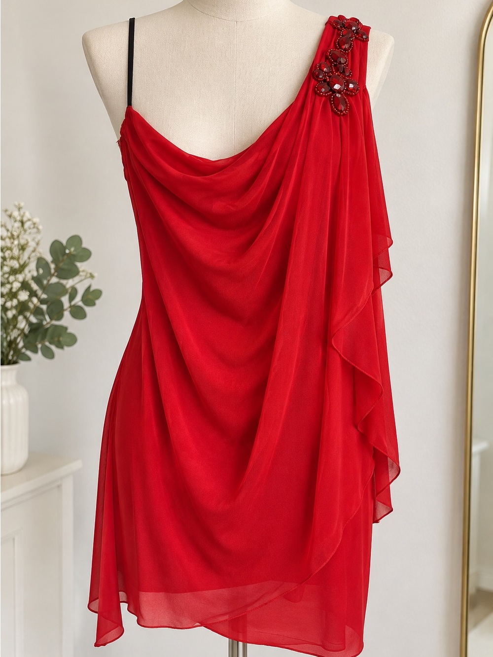 Express Red One-Shoulder Draped Cocktail Dress with Beaded Shoulder